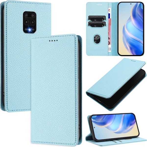 Custodia In Pelle Per Xiaomi Redmi Note 9S/9 Pro/9 Pro Max, Pelle Litschi, Custodia A Portafoglio Con Slot Per Carte E Supporto Blu Chiaro-image