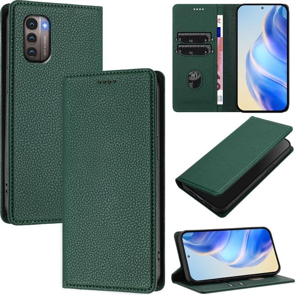 Custodia In Pelle Per Nokia G11 4G/Nokia G21 4G, Pelle Litschi, Custodia A Portafoglio Con Slot Per Carte E Supporto Verde-image