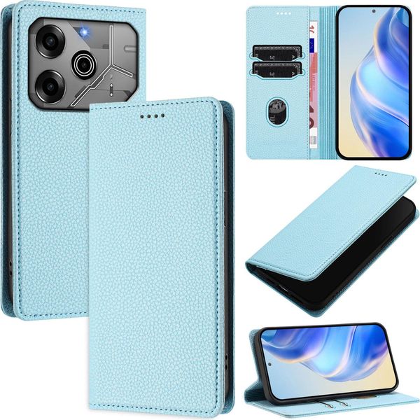 Custodia In Pelle Per Tecno Spark 6 Go/Spark Go 2020/Spark Go 2021, Pelle Litschi, Custodia A Portafoglio Con Slot Per Carte E Supporto Blu Chiaro-image