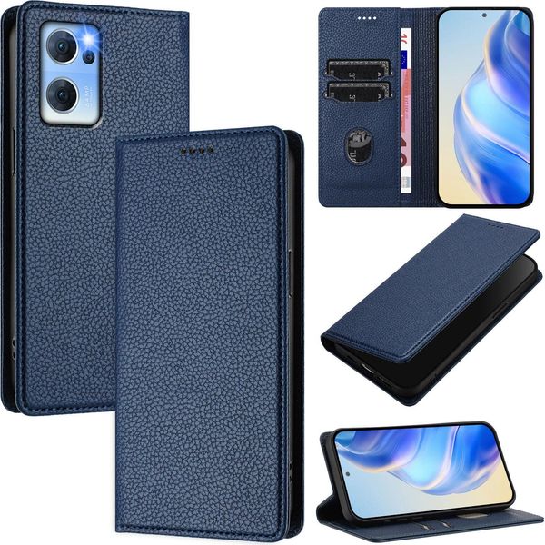 Custodia In Pelle Per Oppo Find X5 Lite/Reno7 5G, Pelle Litschi, Custodia A Portafoglio Con Slot Per Carte E Supporto Blu-image