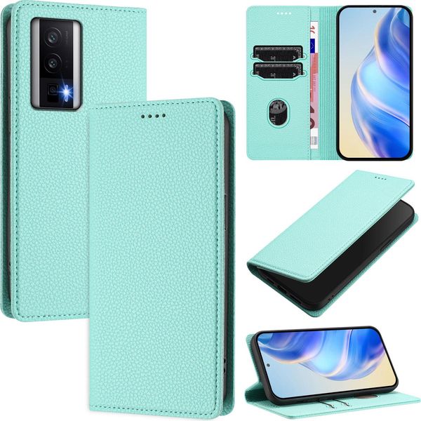 Custodia In Pelle Per Xiaomi Poco F5 Pro/Redmi K60/K60 Pro, Pelle Litschi, Custodia A Portafoglio Con Slot Per Carte E Supporto Turchese-image