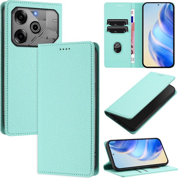 Custodia In Pelle Per Tecno Spark 6 Go/Spark Go 2020/Spark Go 2021, Pelle Litschi, Custodia A Portafoglio Con Slot Per Carte E Supporto Turchese-image