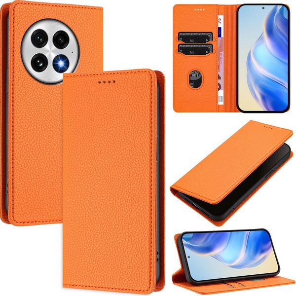 Custodia In Pelle Per Oneplus 13, Pelle Litschi, Custodia A Portafoglio Con Slot Per Carte E Supporto Arancione-image