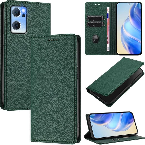 Custodia In Pelle Per Oppo Find X5 Lite/Reno7 5G, Pelle Litschi, Custodia Portafoglio Con Slot Per Carte E Supporto Verde-image