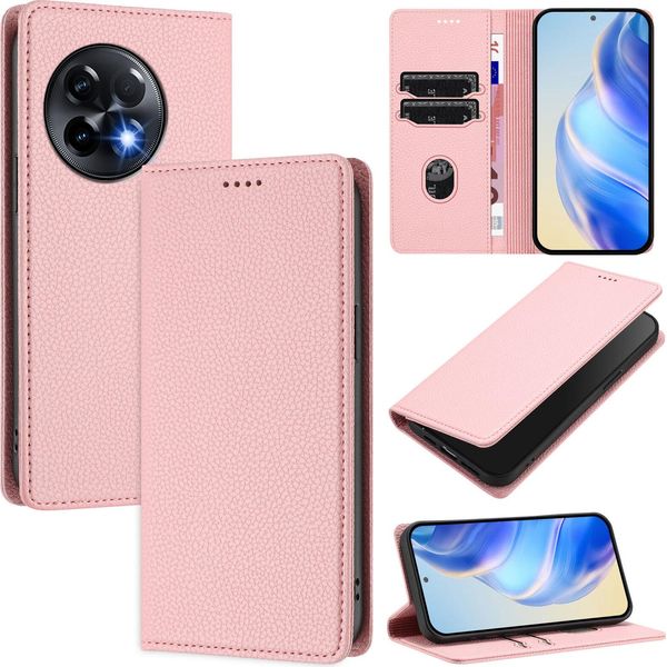 Custodia In Pelle Per Oneplus 11R, Pelle Litschi, Custodia A Portafoglio Con Slot Per Carte E Supporto Rosa-image