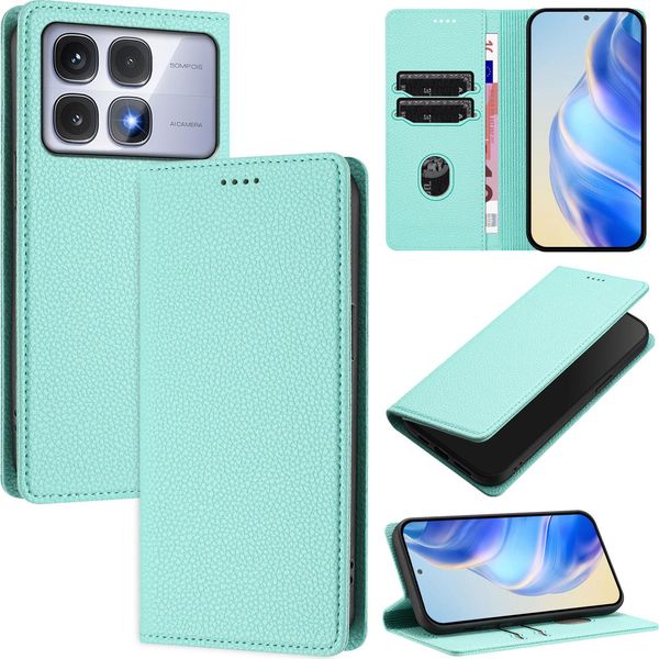 Custodia In Pelle Per Xiaomi Redmi K70 Ultra, Pelle Litschi, Custodia A Portafoglio Con Slot Per Carte E Supporto Turchese-image