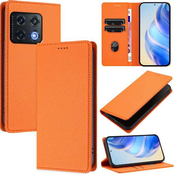 Custodia In Pelle Per Oneplus 10 Pro, Pelle Litschi, Custodia A Portafoglio Con Slot Per Carte E Supporto Arancione-image
