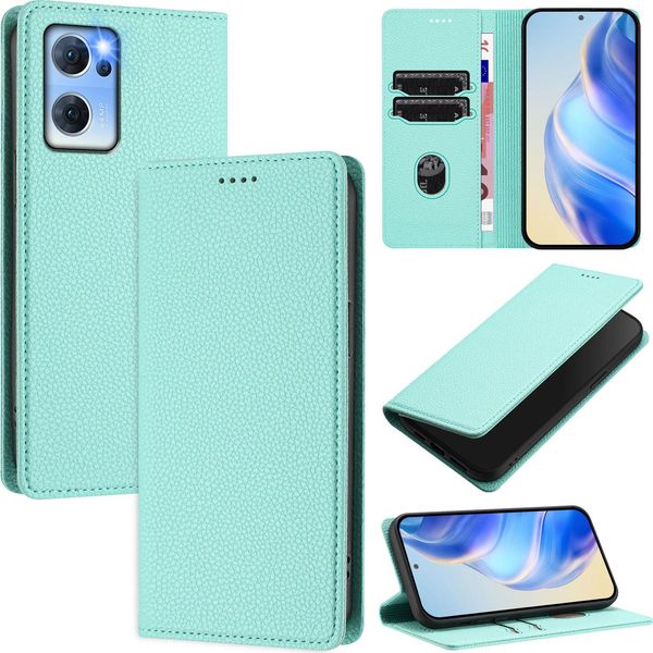 Custodia In Pelle Per Oppo Find X5 Lite/Reno7 5G, Pelle Litschi, Custodia A Portafoglio Con Slot Per Carte E Supporto Turchese-image