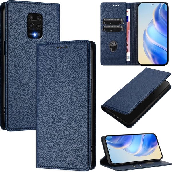 Custodia In Pelle Per Xiaomi Redmi Note 9S/9 Pro/9 Pro Max, Pelle Litschi, Custodia A Portafoglio Con Slot Per Carte E Supporto Blu-image