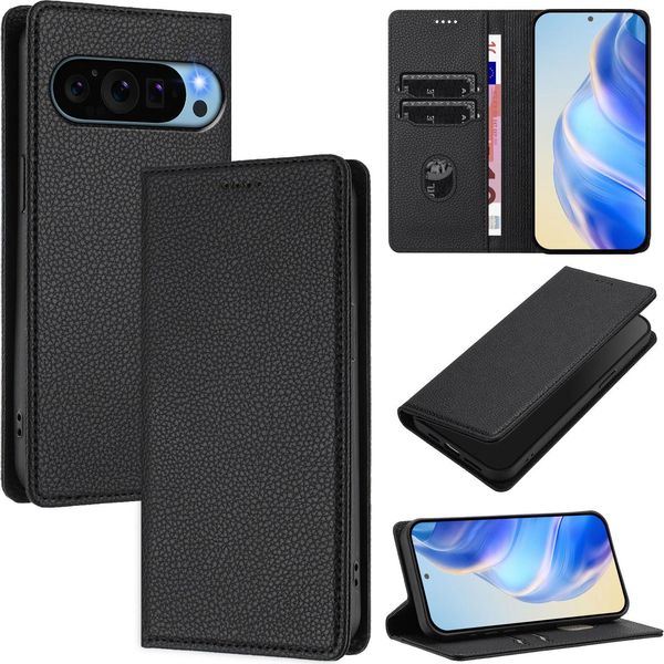 Custodia In Pelle Per Google Pixel 10 / Pixel 10 Pro, Pelle Litschi, Custodia A Portafoglio Con Slot Per Carte E Supporto Nero-image