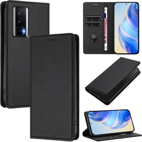 Custodia In Pelle Per Xiaomi Poco F5 Pro/Redmi K60/K60 Pro, Pelle Litschi, Custodia A Portafoglio Con Slot Per Carte E Supporto Nero-image