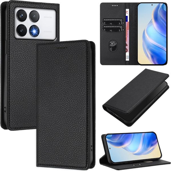 Custodia In Pelle Per Xiaomi Poco F6 Pro/Redmi K70/K70 Pro, Pelle Litschi, Custodia A Portafoglio Con Slot Per Carte E Supporto Nero-image