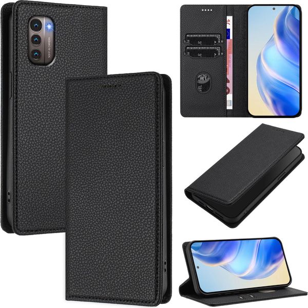 Custodia In Pelle Per Nokia G11 4G/Nokia G21 4G, Pelle Litschi, Custodia A Portafoglio Con Slot Per Carte E Supporto Nero-image