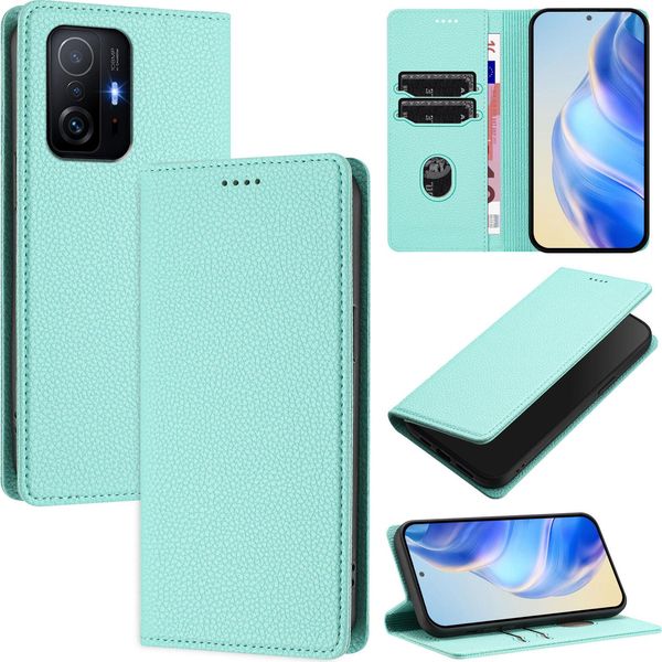 Custodia In Pelle Per Xiaomi 11T / 11T Pro, Pelle Litschi, Custodia A Portafoglio Con Slot Per Carte E Supporto Turchese-image