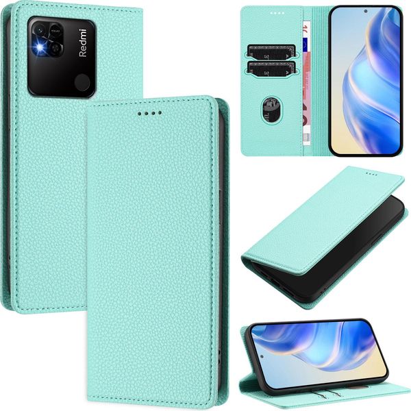 Custodia In Pelle Per Xiaomi Redmi 10A/Redmi 9C, Pelle Litschi, Custodia A Portafoglio Con Slot Per Carte E Supporto Turchese-image