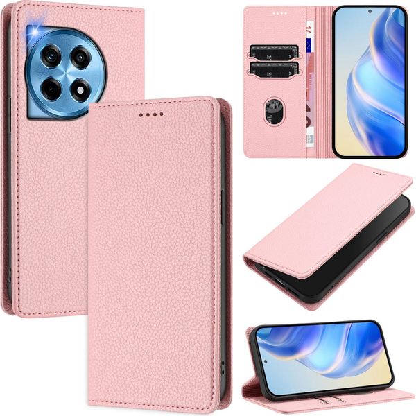 Custodia In Pelle Per Oneplus 12R, Pelle Litschi, Custodia A Portafoglio Con Slot Per Carte E Supporto Rosa-image