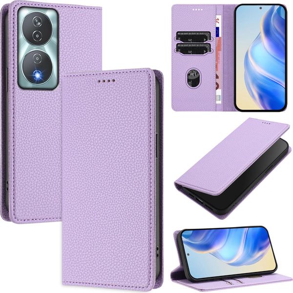 Custodia In Pelle Per Honor 90 Smart/Honor X7B/Honor X7B 5G, Pelle Litschi, Custodia A Portafoglio Con Slot Per Carte E Supporto Viola-image