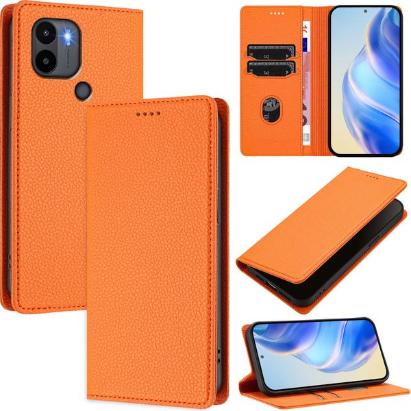 Custodia In Pelle Per Xiaomi Poco C50/C51/Redmi A1+/Redmi A2+, Pelle Litschi, Custodia A Portafoglio Con Slot Per Carte E Supporto Arancione-image