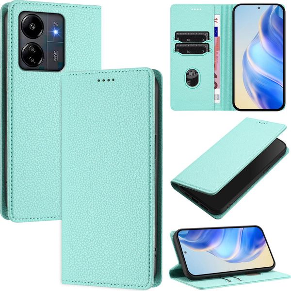 Custodia In Pelle Per Xiaomi Redmi 13C/Poco C65/Poco M6 5G, Pelle Litschi, Custodia A Portafoglio Con Slot Per Carte E Supporto Turchese-image
