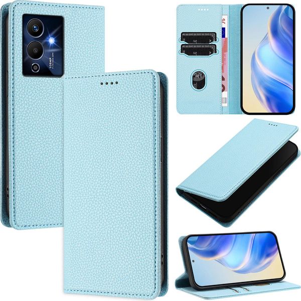 Custodia In Pelle Per Infinix Note 12 Pro 5G, Pelle Litschi, Custodia A Portafoglio Con Slot Per Carte E Supporto Blu Chiaro-image