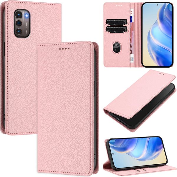 Custodia In Pelle Per Nokia G11 4G/Nokia G21 4G, Pelle Litschi, Custodia A Portafoglio Con Slot Per Carte E Supporto Rosa-image