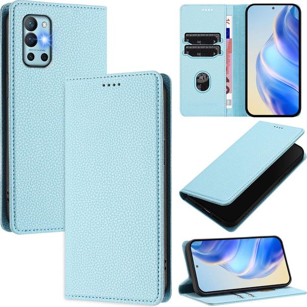 Custodia In Pelle Per Oneplus 9R/Oneplus 8T, Pelle Litschi, Custodia A Portafoglio Con Slot Per Carte E Supporto Blu Chiaro-image