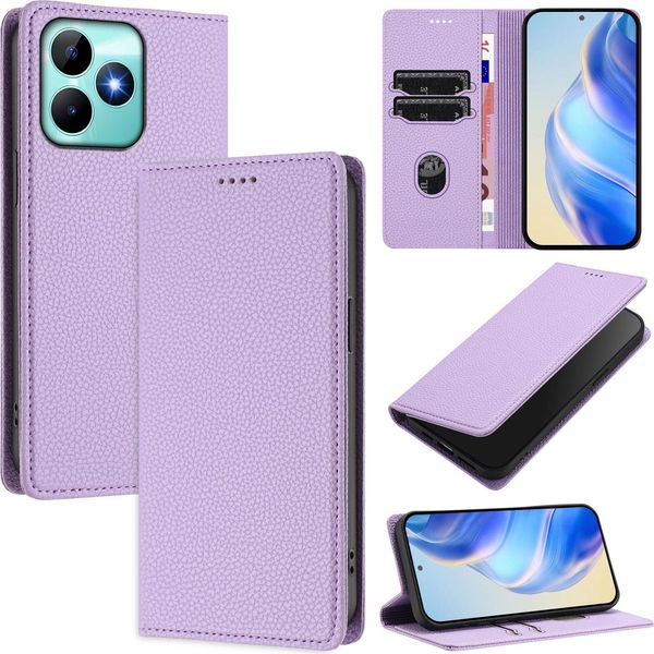 Custodia In Pelle Per Realme Note 50/Realme C51/Realme C53/Realme C51S, Pelle Litschi, Custodia A Portafoglio Con Slot Per Carte E Supporto Viola-image