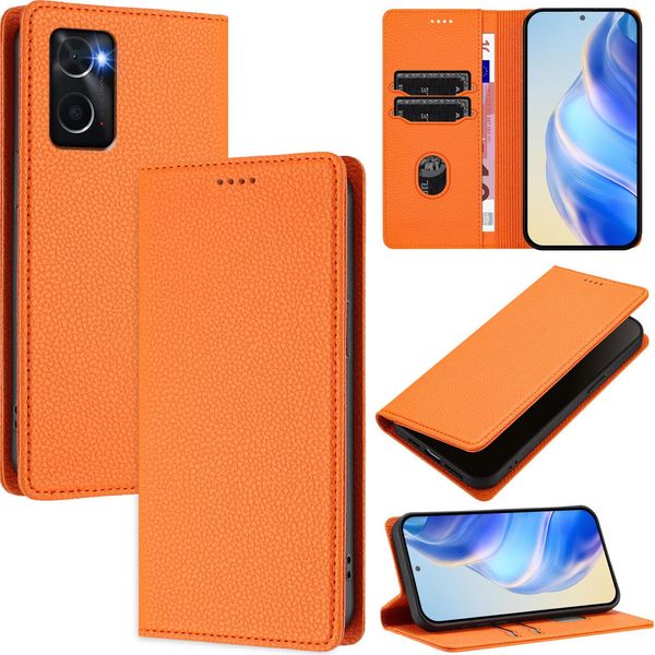Custodia In Pelle Per Oppo A36/A76/A96/K10 4G/Realme 9I 4G, Pelle Litschi, Custodia A Portafoglio Con Slot Per Carte E Supporto Arancione-image