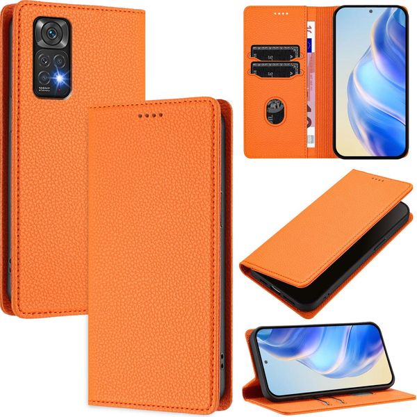 Custodia In Pelle Per Xiaomi Redmi Note 11 4G/Note 11S/Note 12S, Pelle Litschi, Custodia A Portafoglio Con Slot Per Carte E Supporto Arancione-image