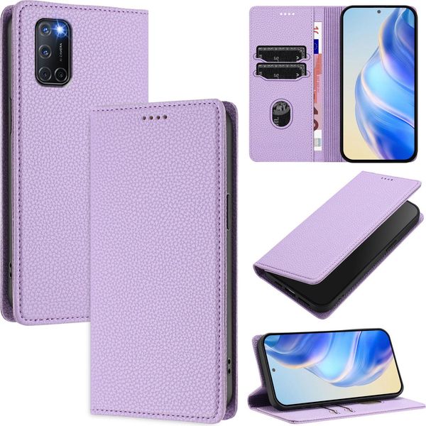 Custodia In Pelle Per Oppo A52/A72/A92 4G, Pelle Litschi, Custodia A Portafoglio Con Slot Per Carte E Supporto Viola-image