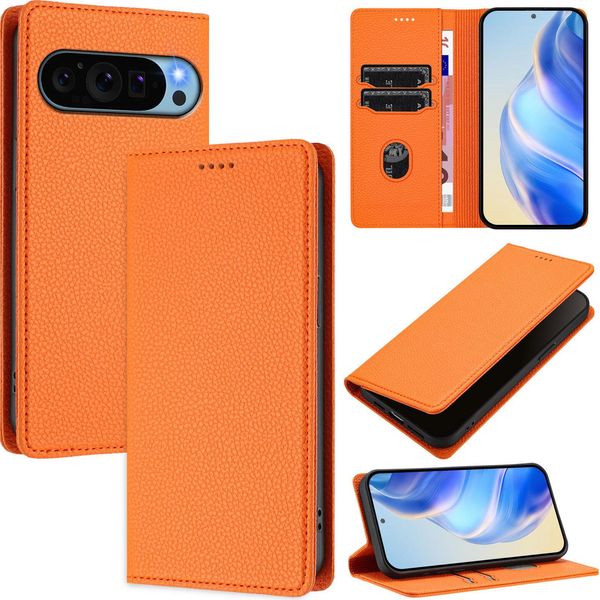 Custodia In Pelle Per Google Pixel 10 / Pixel 10 Pro, Pelle Litschi, Custodia A Portafoglio Con Slot Per Carte E Supporto Arancione-image