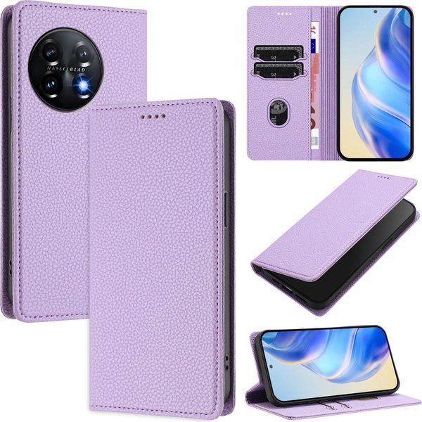 Custodia In Pelle Per Oneplus 11, Pelle Litschi, Custodia A Portafoglio Con Slot Per Carte E Supporto Viola-image