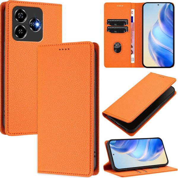 Custodia In Pelle Per Zte Blade V60 Vita/V60 Design/Nubia V60 Design/Axon 60 Lite, Pelle Litschi, Custodia A Portafoglio Con Slot Per Carte E Supporto Arancione-image