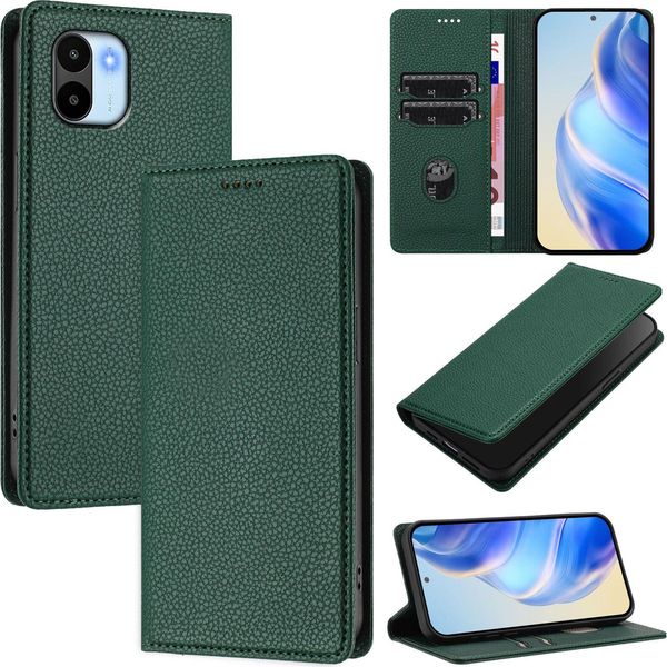 Custodia In Pelle Per Xiaomi Redmi A1/Redmi A2, Pelle Litschi, Custodia A Portafoglio Con Slot Per Carte E Supporto Verde-image