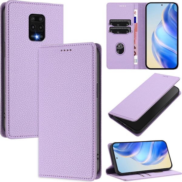 Custodia In Pelle Per Xiaomi Redmi Note 9S/9 Pro/9 Pro Max, Litschi In Pelle, Custodia A Portafoglio Con Slot Per Carte E Supporto Viola-image