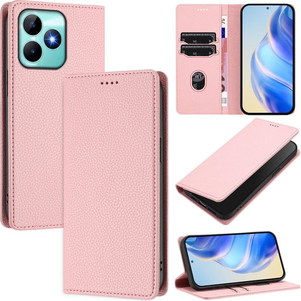 Custodia In Pelle Per Realme Note 50/Realme C51/Realme C53/Realme C51S, Pelle Litschi, Custodia A Portafoglio Con Slot Per Carte E Supporto Rosa-image