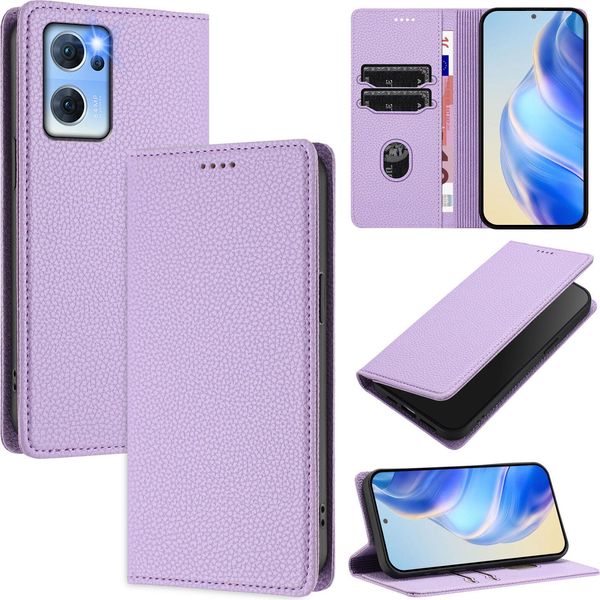 Custodia In Pelle Per Oppo Find X5 Lite/Reno7 5G, Pelle Litschi, Custodia A Portafoglio Con Slot Per Carte E Supporto Viola-image