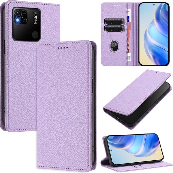 Custodia In Pelle Per Xiaomi Redmi 10A/Redmi 9C, Litschi In Pelle, Custodia A Portafoglio Con Slot Per Carte E Supporto Viola-image
