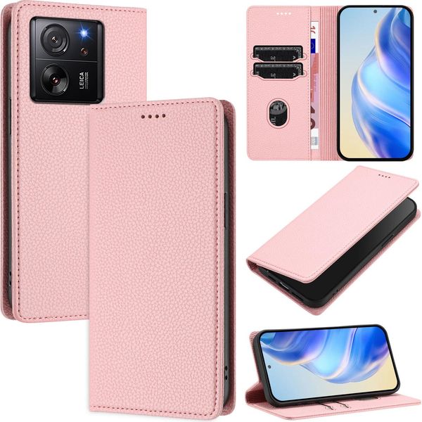Custodia In Pelle Per Xiaomi 13T / 13T Pro, Pelle Litschi, Custodia A Portafoglio Con Slot Per Carte E Supporto Rosa-image