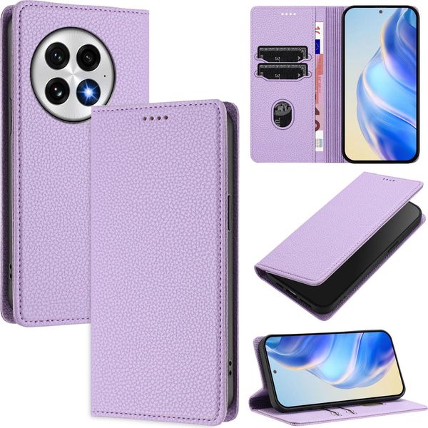 Custodia In Pelle Per Oneplus 13, Pelle Litschi, Custodia A Portafoglio Con Slot Per Carte E Supporto Viola-image