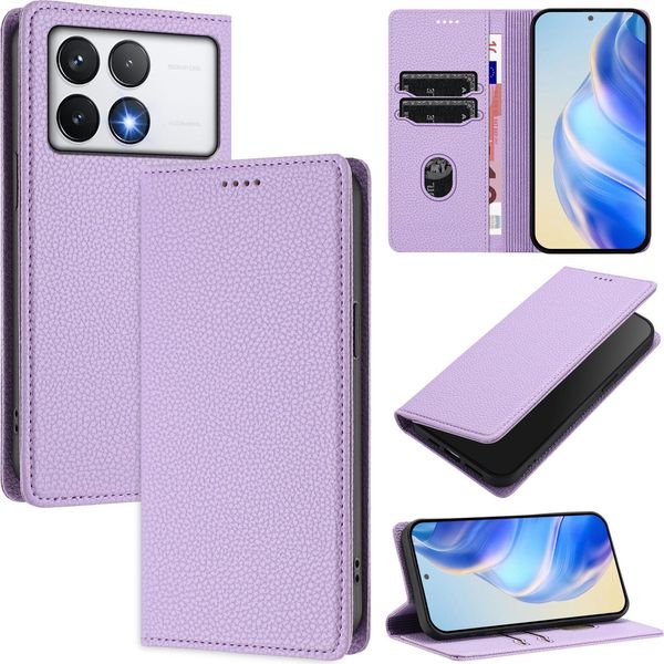 Custodia In Pelle Per Xiaomi Poco F6 Pro/Redmi K70/K70 Pro, Pelle Litschi, Custodia A Portafoglio Con Slot Per Carte E Supporto Viola-image