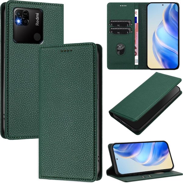 Custodia In Pelle Per Xiaomi Redmi 10A/Redmi 9C, Pelle Litschi, Custodia A Portafoglio Con Slot Per Carte E Supporto Verde-image