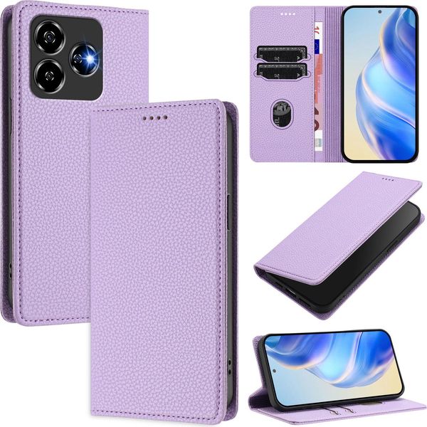 Custodia In Pelle Per Zte Blade V60 Vita/V60 Design/Nubia V60 Design/Axon 60 Lite, Pelle Litschi, Custodia A Portafoglio Con Slot Per Carte E Supporto Viola-image