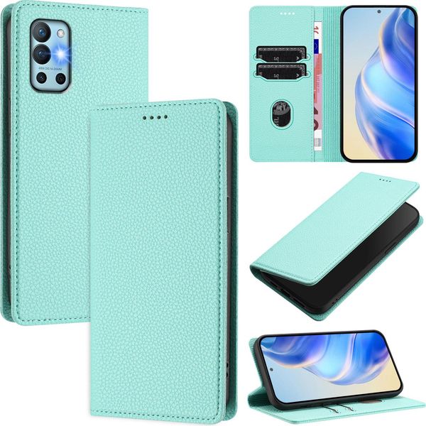 Custodia In Pelle Per Oneplus 9R/Oneplus 8T, Pelle Litschi, Custodia A Portafoglio Con Slot Per Carte E Supporto Turchese-image