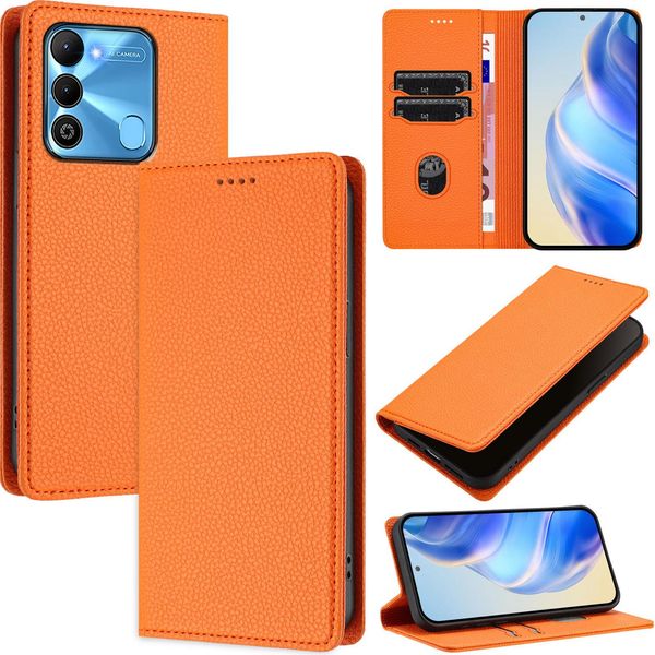 Custodia In Pelle Per Tecno Spark Go 2022/Spark 8C/Spark 9, Pelle Litschi, Custodia A Portafoglio Con Slot Per Carte E Supporto Arancione-image
