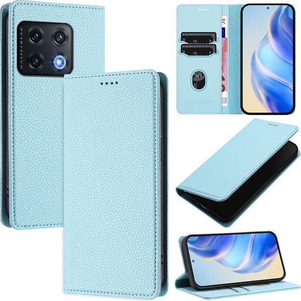 Custodia In Pelle Per Oneplus 10 Pro, Pelle Litschi, Custodia A Portafoglio Con Slot Per Carte E Supporto Blu Chiaro-image