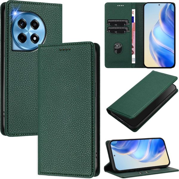 Custodia In Pelle Per Oneplus 12R, Pelle Litschi, Custodia A Portafoglio Con Slot Per Carte E Supporto Verde-image