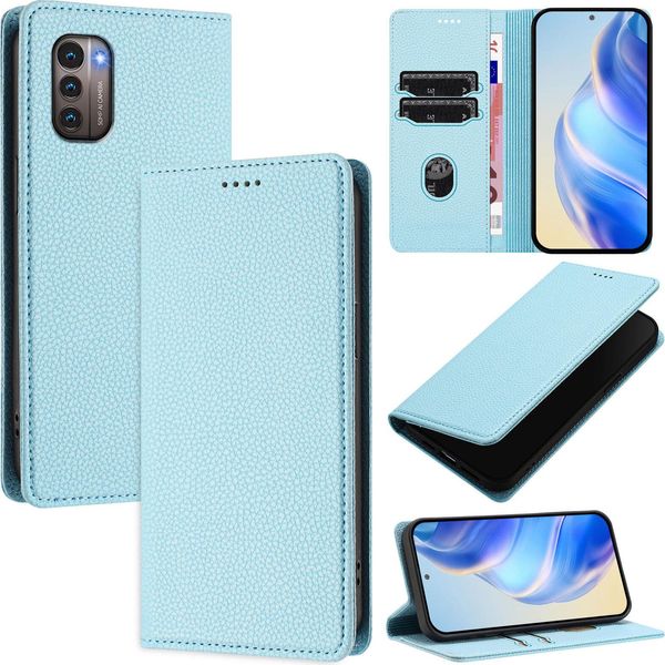 Custodia In Pelle Per Nokia G11 4G/Nokia G21 4G, Pelle Litschi, Custodia A Portafoglio Con Slot Per Carte E Supporto Azzurro-image
