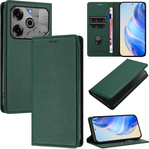 Custodia In Pelle Per Tecno Spark 6 Go/Spark Go 2020/Spark Go 2021, Pelle Litschi, Custodia A Portafoglio Con Slot Per Carte E Supporto Verde-image