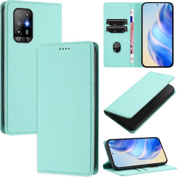 Custodia In Pelle Per Oppo A94 5G/Reno5 Z, Pelle Litschi, Custodia A Portafoglio Con Slot Per Carte E Supporto Turchese-image